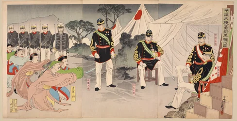 Generäle der chinesischen Armee kapitulieren vor japanischen Kommandanten, Oktober 1894 (Farbholzschnitt)